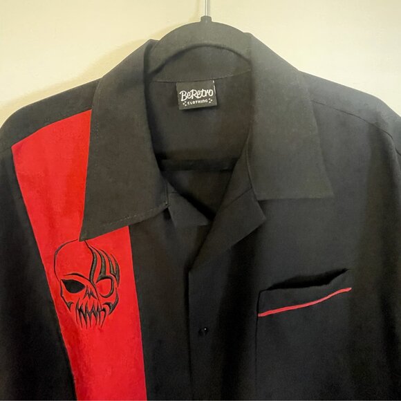 Be Retro Men's Black and Red Skull Short-Sleeve Button Down Shirt ~ IronSkull - Picture 3 of 4